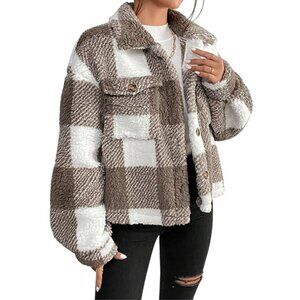 Merokeety Womens Size XL Plaid Sherpa Fleece Jacket Brown White Button-Up
